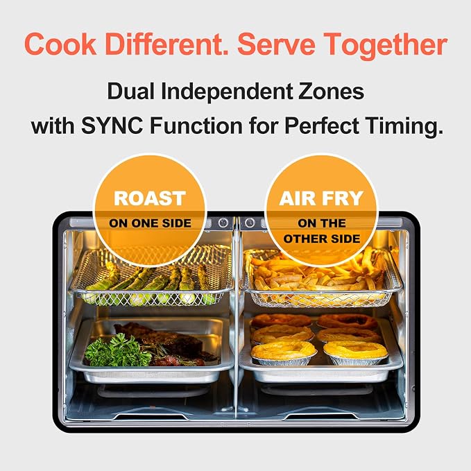 HotKing Dual-Zone Air Fryer Toaster Oven Combo, 28 QT Extra Large, Non Toxic Stainless Steel Convection Oven with French Door, Countertop Airfryer with Window, Racks, Rotisserie, Dehydrator, ETL Rated