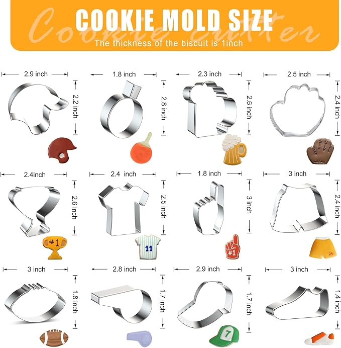 12PCS Football cookie cutter set Set, Fondant Biscuits Molds for Football, Jersey, Shorts, Shoe, Whistle, Helmet, Beer Mug, Glove, Trophy Cup, Cap, Table Tennis Racket, Foam Finger - Stainless Steel