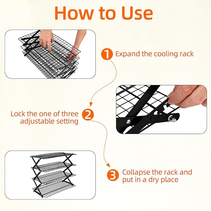 2/3/4-Tier Collapsible Cooling Rack with Adjustable 3 Setting Design Stackable Wire Baking Rack Cooling Racks for Cooking and Baking Roasting Cookies Pizza Gifts for Women