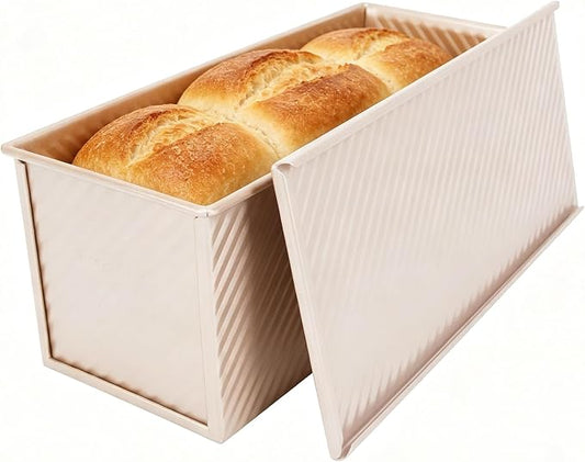 CANDeal Gold Corrugated Pullman Loaf Pan with Lid, Nonstick Commercial Bread Toast Mold for Baking, 2.2LB Durable Carbon Steel Baking Tins Set, Easy Release & Clean, Perfect for Home Bakery & Kitchen