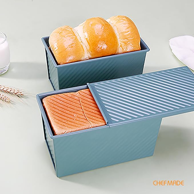 CHEFMADE Pullman Loaf Pan with Lid, 1Lb Non-Stick Bread Pan for Oven | Carbon steel bakeware toast mold with cover for even baking, easy release, and square sandwich slices (Green)