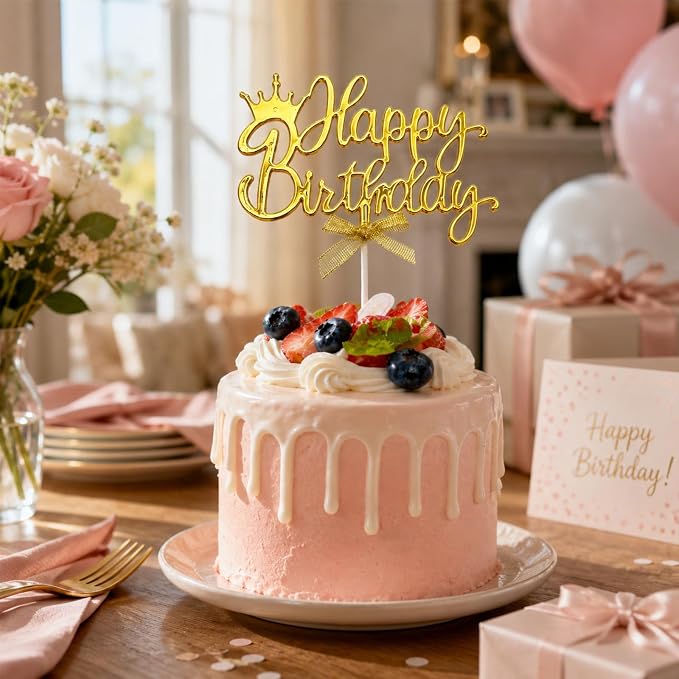 Gold Acrylic Happy Birthday Cake Topper with Crown and Bow | Glossy gold acrylic script with crown and bow adds an elegant finishing touch to birthday cakes and celebration desserts.