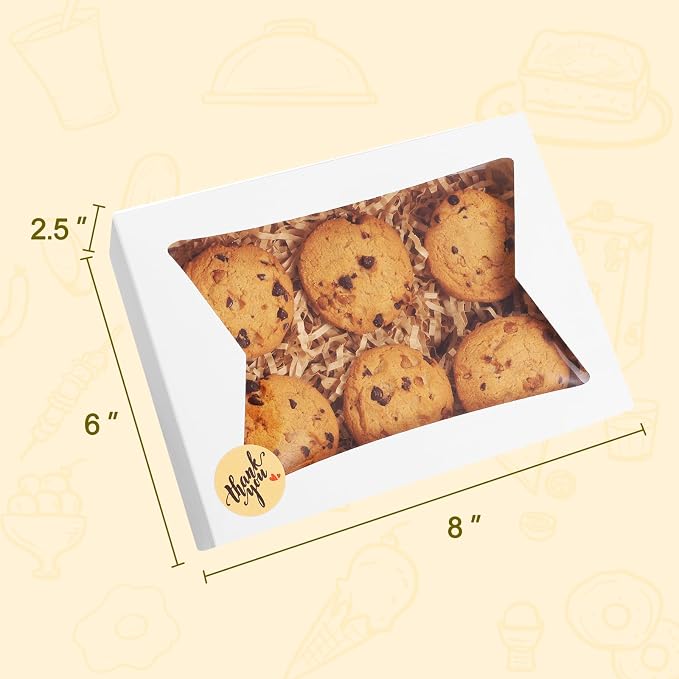 Eupako Cookie-Boxes-with-Window-8x6x2.5-Inhces-25pcs-Auto-Popup-White-Treat-Boxes for Bakery, Donuts, Candy, Pastry, Cupcakes, Biscuits, Chocolate Strawberries