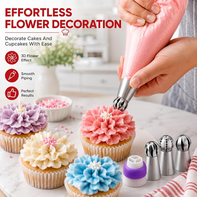 3 Pcs Ball Russian Piping Tips & 1 Couplers,Cake Decorating Supplies Piping Tips,For Cookie And Cake Decorating,Birthday Cake, Cupcake,Diy Cream Baking Tools