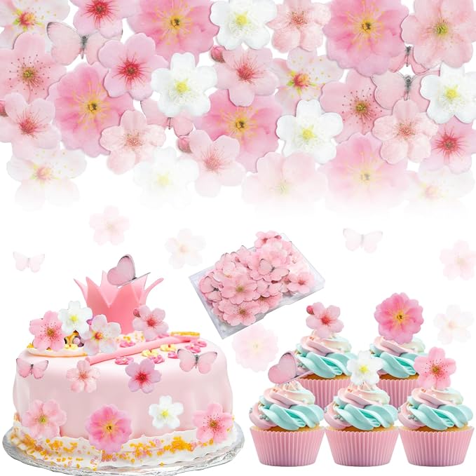 85 Pcs Edible Flowers Cake Decorations - Edible Wafer Paper Flowers & Butterflies Cupcake Toppers for Wedding Birthday Party Cake Decorating