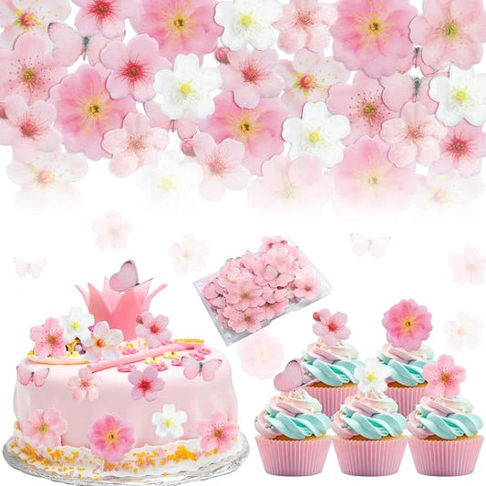 85 Pcs Edible Flowers Cake Decorations - Edible Wafer Paper Flowers & Butterflies Cupcake Toppers for Wedding Birthday Party Cake Decorating