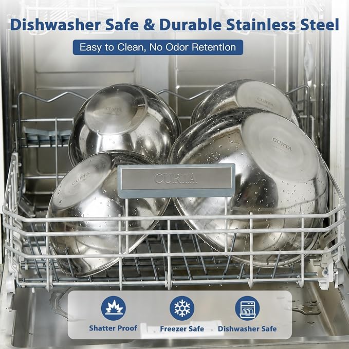 CURTA Stainless Steel Mixing Bowls Set of 5, Heavy Duty Nesting Metal Bowls with Flat Base, 0.6 to 6 QT Kitchen Prep Bowls for Baking, Cooking, Salad Mixing & Bread Dough Kneading