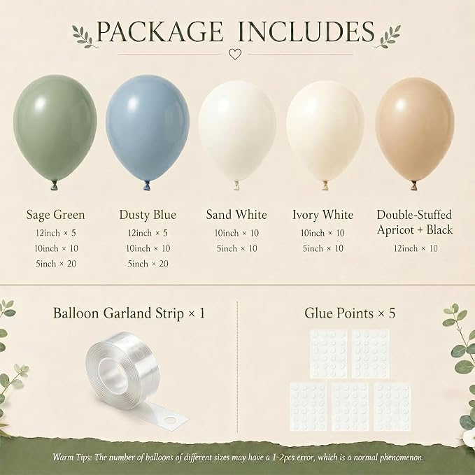 Dusty Blue Sage Green Balloon Garland Arch Kit, Double Stuffed Fog Blue Green Sand White Beige Balloons for Neutral Baby Shower Bridal Shower Wedding Anniversary Woodland Dinosaur Birthday Party Decor