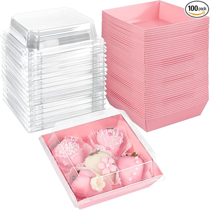 Ocmoiy Pink Charcuterie Boxes with Clear Lids 4x4 Inch, 100 Pack Square Kraft Bakery Cake Slice Boxes with Window, Dessert To Go Containers (100)