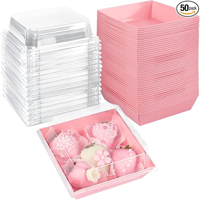 Ocmoiy 50 Pack Small Charcuterie Boxes with Clear Lids 4x4 Inch, To Go Disposable Paper Food Containers Bakery Treat Boxes for Desserts, Cake Slice, Cookies, Strawberries (Pink, 50)