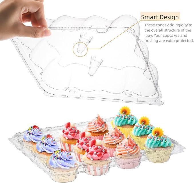 AVLA 24 Pack Mini Cupcake Containers, 12-Count Plastic Cupcake Carrier, Stackable Cupcake Box with Detachable Secure High Top Lid, Disposable Cupcake Holder Tray, Muffin Packaging Transporter To Go