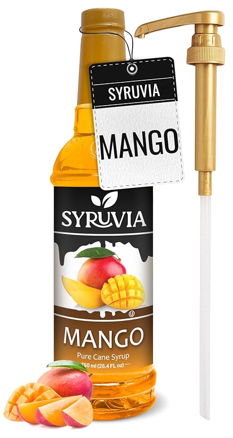 Syruvia Mango Syrup, Flavored Syrup for Cocktails, Fruit Drinks, Lemonades, and Desserts – 25.4 fl oz - with Pump
