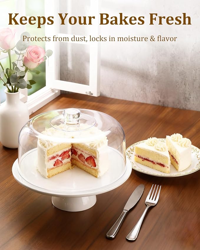 12 Inch Porcelain Cake Stand with Dome, White Round Dessert Stand for Cakes, Cupcakes & Pastries – Elegant Covered Cake Display for Birthday Parties, Weddings & Baby Showers
