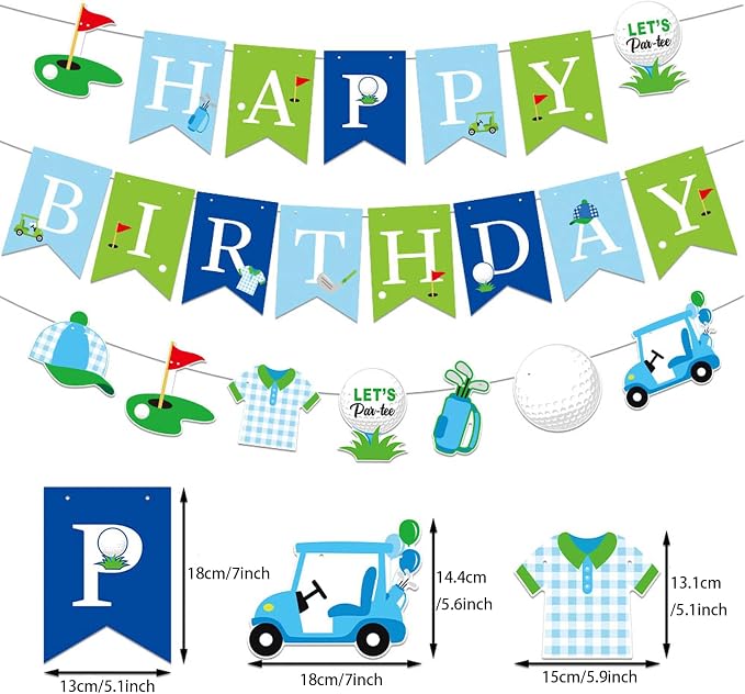 Zwiebeco Blue Green Golf Happy Birthday Banner Bunting Garland Hanging Paper Party Decorations for Boys Girls Mens Womens Adults Golf Sports Themed Bday Decor Accessories Supplies