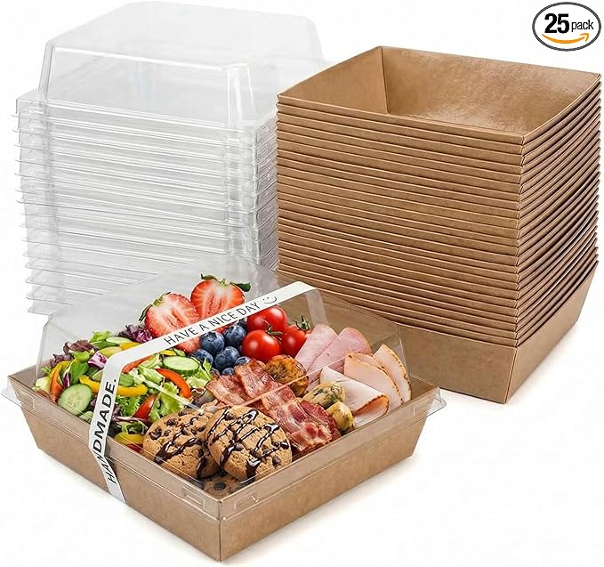 25-Pack Charcuterie Boxes with Clear Lids – Disposable Paper Mini Food Containers (5-Inch), Suitable for Desserts, Sandwiches, Cookies, Sushi, Cake Slices, and Fresh Fruit