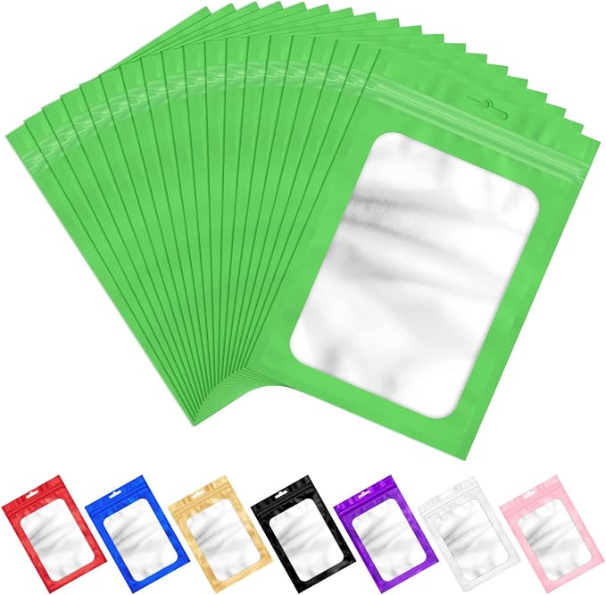ANZNKU 100 Pack Lime Green Resealable Mylar Bags with Frosted Clear Window 5.12x8.27", Smell Proof Sealable Packaging Bags for Small Business, Foil Pouch Zip Goodie Bag for Candy Treat Jewelry