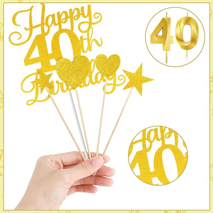 Happy 40th Birthday Cake Topper for 40th Birthday Decorations Numeral 40 Candle with Glitter Heart Cupcake Picks Set for Men Women Hello 40 Birthday Anniversary Party Cake Decor Supplies（GOLD）