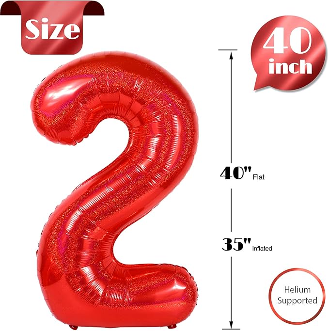 Laser Red 2 Balloon, Number Balloons 40 Inch, 2nd Balloon Number Birthday Decorations, Second Two Birthday Party Supplies, Number 2 Balloon