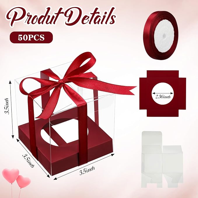 Thenshop 50 Pcs Clear Cupcake Boxes Individual 3.5 Inch Plastic Single Cupcake Containers Boxes with Inserts and Ribbon Individual Cake Storage Holders for Cake Kitchen(Claret)