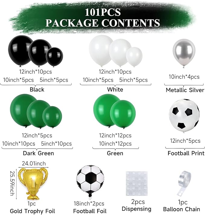 Soccer Balloon Arch Kit Boys, Green Balloon Arch Kit with Football Trophy Balloons Dark Green Black White Latex Balloon Metallic Silver Balloon for Baby Shower Birthday Soccer Party Decorations