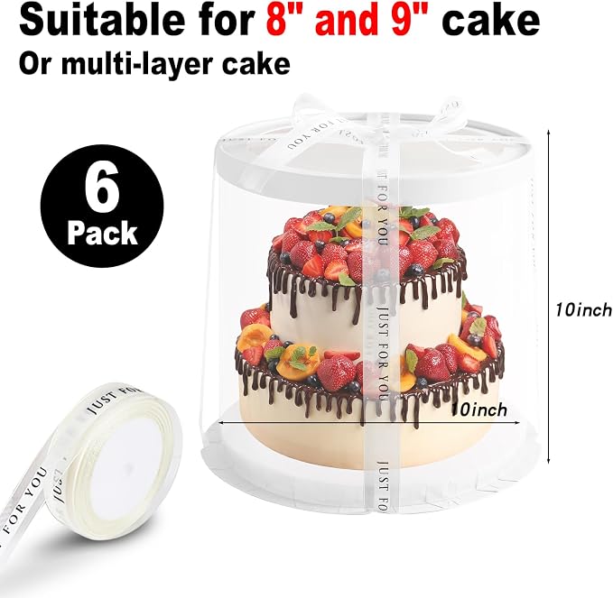 JCD Black Multi-Layer 10 * 10 Inch Round Clear Cake Boxs with Ribbon,6 Pack Tall Transparent Packaging Cake Containers PET Cake Carrier Box for Birthday (Black, Round 10inch/6pcs)