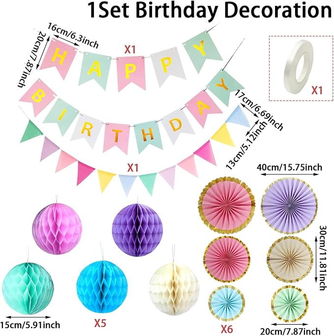 Pastel Birthday Party Decoration, Macaron Happy Birthday Party Decoration for Girls Women with Happy Birthday Banner Bunting Hanging Paper Fans, Girl Woman Pastel Birthday Honeycomb Decoration
