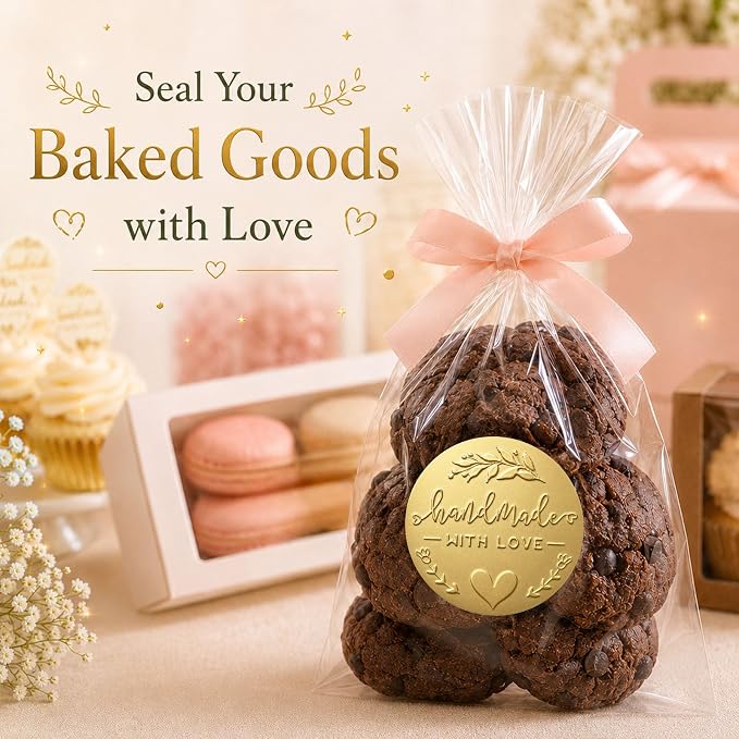 100PCS Handmade with Love Stickers, Matt Gold Foil Labels for Small Business Packaging, Bakery Cookies, Gift Wrapping, Candy Table, Wedding Baby Shower Party Favor Stickers.1.6 inch (Full Gold)