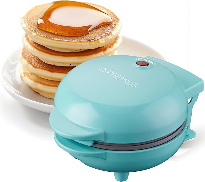 Ceramic NonStick Mini Snack Griddle Maker, 4” Mold, Quick Heat Up, Individual Fluffy Pancakes, Grilled Cheese, Eggs, Pizzas, Cookies & On-the-Go Breakfast & Lunch, Just Add Batter (Turquoise)