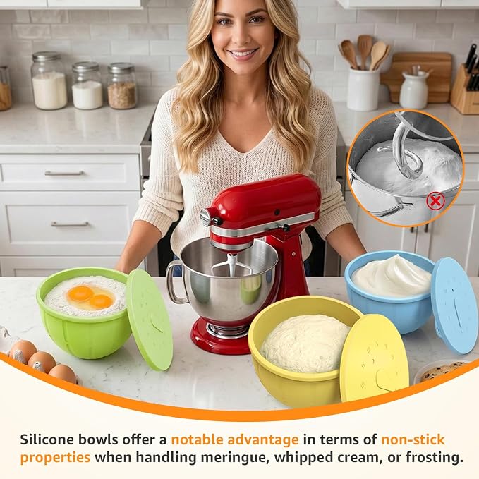 GVODE Silicone Liners for KitchenAid Mixer, Silicone Bowl Liners for Kitchen Aid 4.5-5 Qt Tilt-Head Stand Mixer, Thickened Odorless Non-Stick Kitchenaid Silicone Bowl Liner, 3 Pack with Lids
