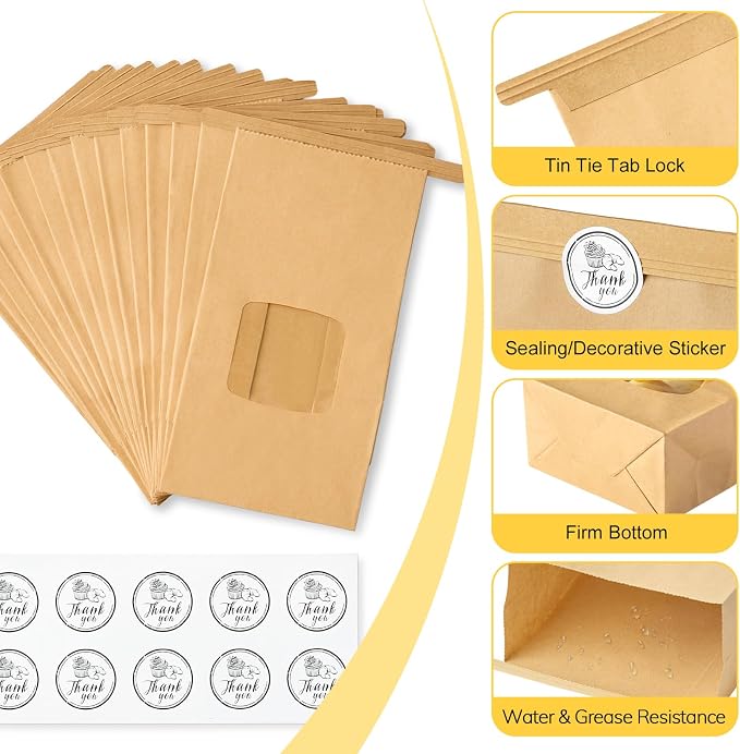 Ocmoiy Small Bakery Cookie Bags with Window, 3.5x2.36x6.7 Inches, 100 Pcs | Tin Tie Tab Lock, Kraft Paper Bags, With Thank You Stickers, For Cookie, Coffee, Bread