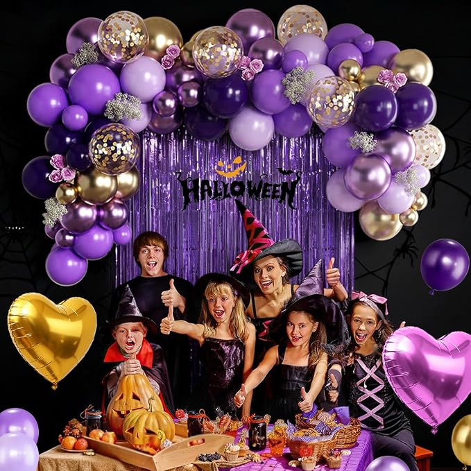 157Pcs Purple and Gold Balloons Garland Arch Kit with Fringe Curtain for Girl Princess Woman Birthday Bridal Baby Shower Engagement Wedding Party Decorations