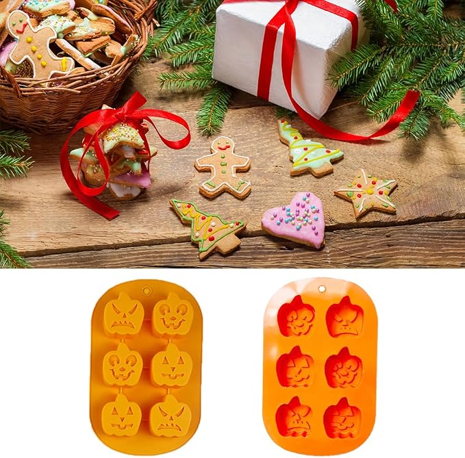 6 Cavities Silicone Cookies Biscuit Mold, Christmas Halloween Candy Mold, Reusable DIY Baking Mold Jelly Chocolate Mold, Ice Cube Tray Wax Melt Molds(Set of 2 Orange Pumpkin)