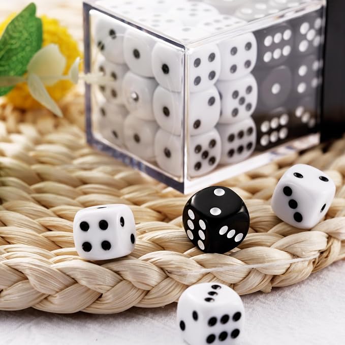 36 of Pack 12MM 6 Sided MINI Dice Set,Solid White and Solid Black Game Dice Set, 6 Sided Standard Colored Dices for Tenzi, Bunco,with Portable Plastic Box(White+Black)
