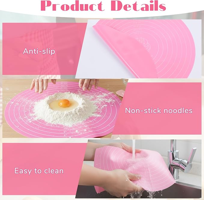TIESOME 3 Pcs Round Silicone Baking Mat, 12 Inch (30cm) Silicone Rolling Mat With Measurements, Reusable Non-Stick Heat Resistant Baking Sheet for Dough, Fondant, Cookie & Pizza (Blue Pink Green)