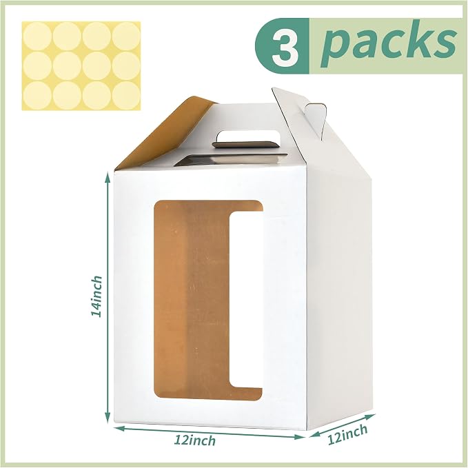 3 Pack Tall Cake Boxes for Tier Cakes,12 x12x14 Inches Large Tiered Cake Carriers with Windows,10in 12in Disposable Layer Tall Baking boxes with Handle for Birthday,Wedding,Party