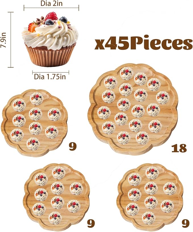 4 Tier Rotatable Wooden Petal Shape Cupcake Stand, Tiered Dessert Display Tower Holds Up to 50 Cupcakes for Wedding & Birthday