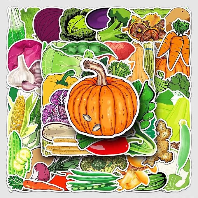 Vegetables Stickers |50Pcs Vegetables Waterproof Vinyl Decals | Removable Resuable Sun-proof Peel and Stick for Water Bottles Laptop Luggage Cup Computer Mobile Phone Skateboard Decoration