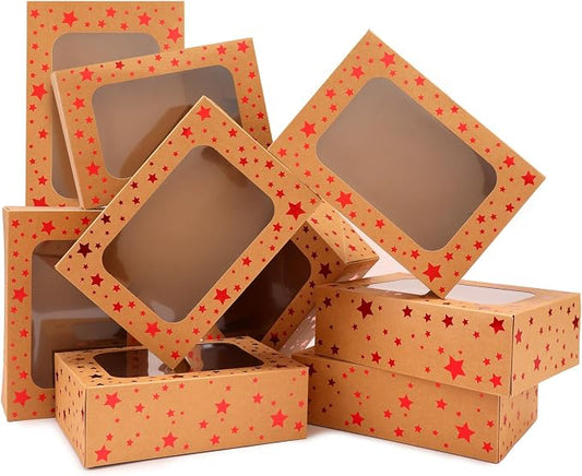 24 Pack Brown Cookie Boxes, 9x6x3Inch Red Star Baking Boxes for Gift Giving,Kraft Boxes with Window,Holiday Treat Boxes for Pastry,Cookie Tin Containers Box for Baked Goods Packaging
