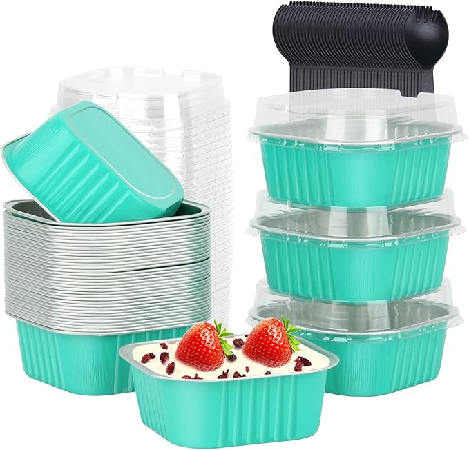 LNYZQUS Mini Cake Pans with Lids and Spoons,10oz Disposable Small Foil Baking Tins,40 Pack Individual Cake Containers for Home Bakers Bake Sales-Cyan Blue,4x4 Square