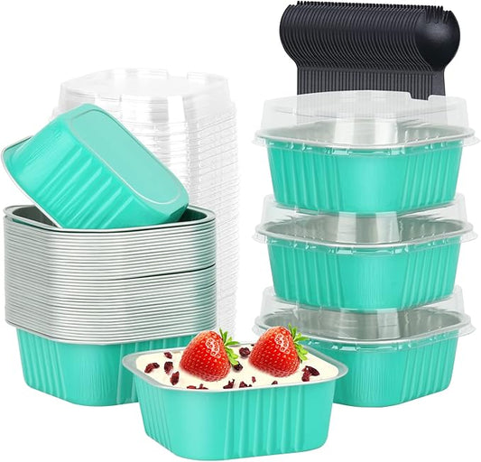 LNYZQUS Mini Cake Pans with Lids and Spoons,10oz Disposable Small Foil Baking Tins,40 Pack Individual Cake Containers for Home Bakers Bake Sales-Cyan Blue,4x4 Square