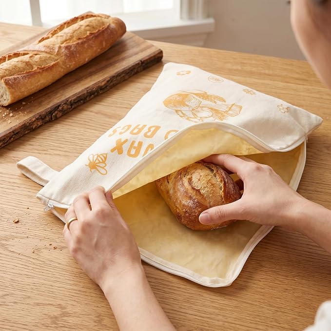 2 Pack Beeswax Bread Bags for Sourdough, Reusable Bread Bag with Wide Zipper, 16×12 Inch Large Capacity Cotton Bread Storage Bags for Homemade Bread Freezer-Friendly & Freshness Preservation