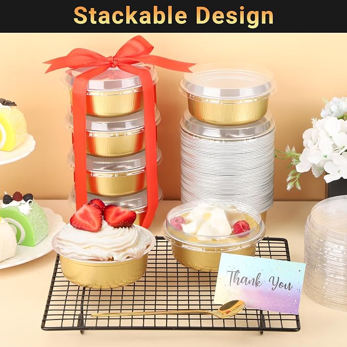 Beasea Disposable Ramekins with Lids, 20 Pack 8.8oz 260ml 4 Inch Aluminum Foil Cups Disposable Cupcake Mini Pudding Baking Cups for Party - Golden