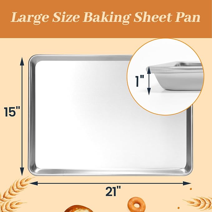 6 Pack Large Size Aluminum Baking Sheet Pans, 21"x15" | NSF, commercial cookie sheets, rolled rim baking pan, for roasting, freezer, bakery, oven safe up to 500℉