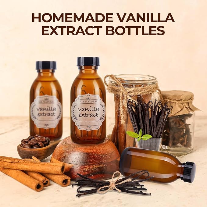 4 oz Amber Glass Bottle with Cap, Empty Glass Bottles Cosmetic Pump Dispensers for Homemade Vanilla Extract, Essential Oils, Juice, Potion, Syrup, Liquids, Christmas, Holiday Gift (Brown 4 Pack)