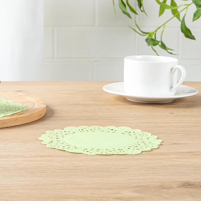 Pastry Tek 6 x 6 Inch Paper Lace Doilies, 100 Disposable Table Doilies - Elegant Lace Finish, Long Lasting, Green Paper Doily, for Pastries, Cupcakes, Desserts - Restaurantware