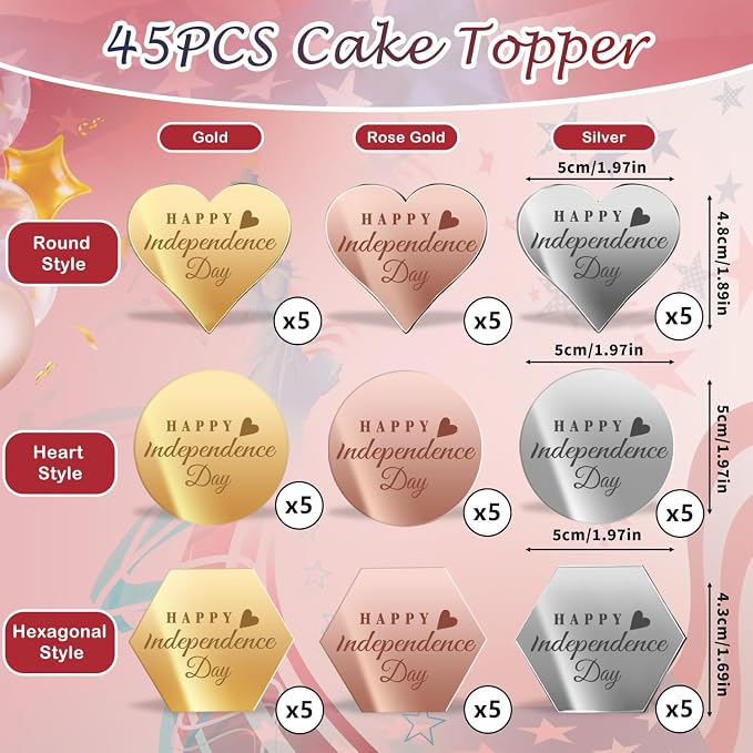 45PCS Happy 4th of July Cake Toppers, Mirror Acrylic Cupcake Toppers 3 Multi-shape & 3 Different Color Custom Cupcake Picks for 4th of July Party Decorations