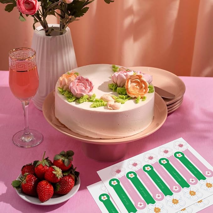 Cute Flower Shaped Thank You Stickers 300 Pcs Long Pink and Green Sealing Stickers Handmade Food Bakery Sticker Tamper-Proof Self-Adhesive Baking Labels