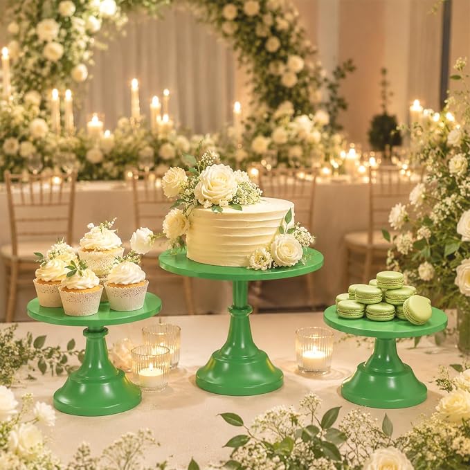 3 Pcs Cake Stand Set Metal Round Cake Holder Cupcake Stands 8/10/12 inch Green Dessert Display Stands Dessert Table Decorations for Birthday Parties, Baby Shower,Wedding Banquets and Anniversary