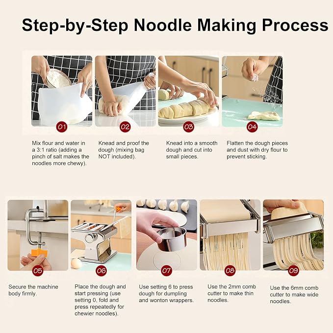 Home Manual Dough Presser, Stainless Steel Noodle Maker Machine, Dumpling Wrapper Press with 6-Thickness Settings (0.6-4.8mm), 3 Noodle Widths (2mm/6mm/9mm), Noodle Cutter for Kitchen