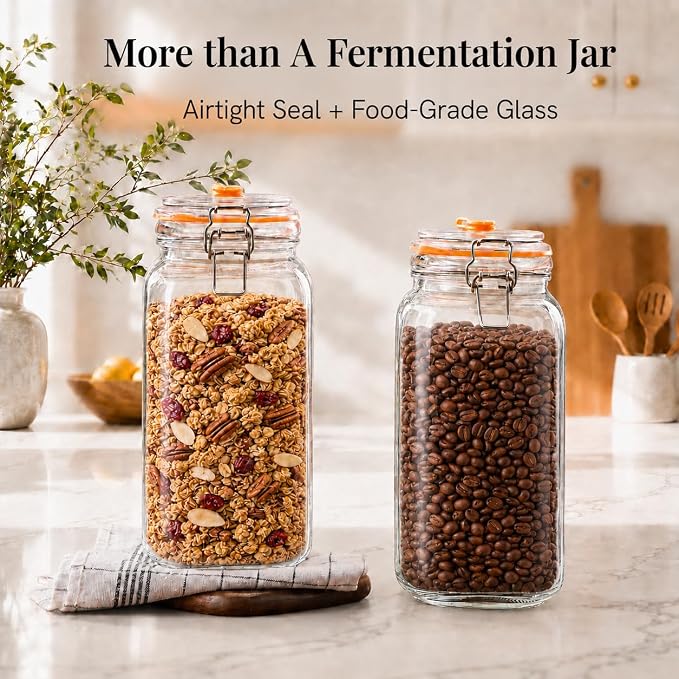 Fermentation Jars, 2L Fermenting Kit With Glass Weights, 2-Pack | Wide-Mouth 2L Glass Jar With Self-Venting Airlock, Ideal For Sauerkraut, Kimchi, Pickles And Other Homemade Ferments